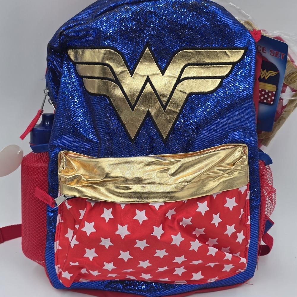 Wonder Woman 5‎ Piece Backpack Set Girls Blue Red Gold Stars Lunch Bag Water...